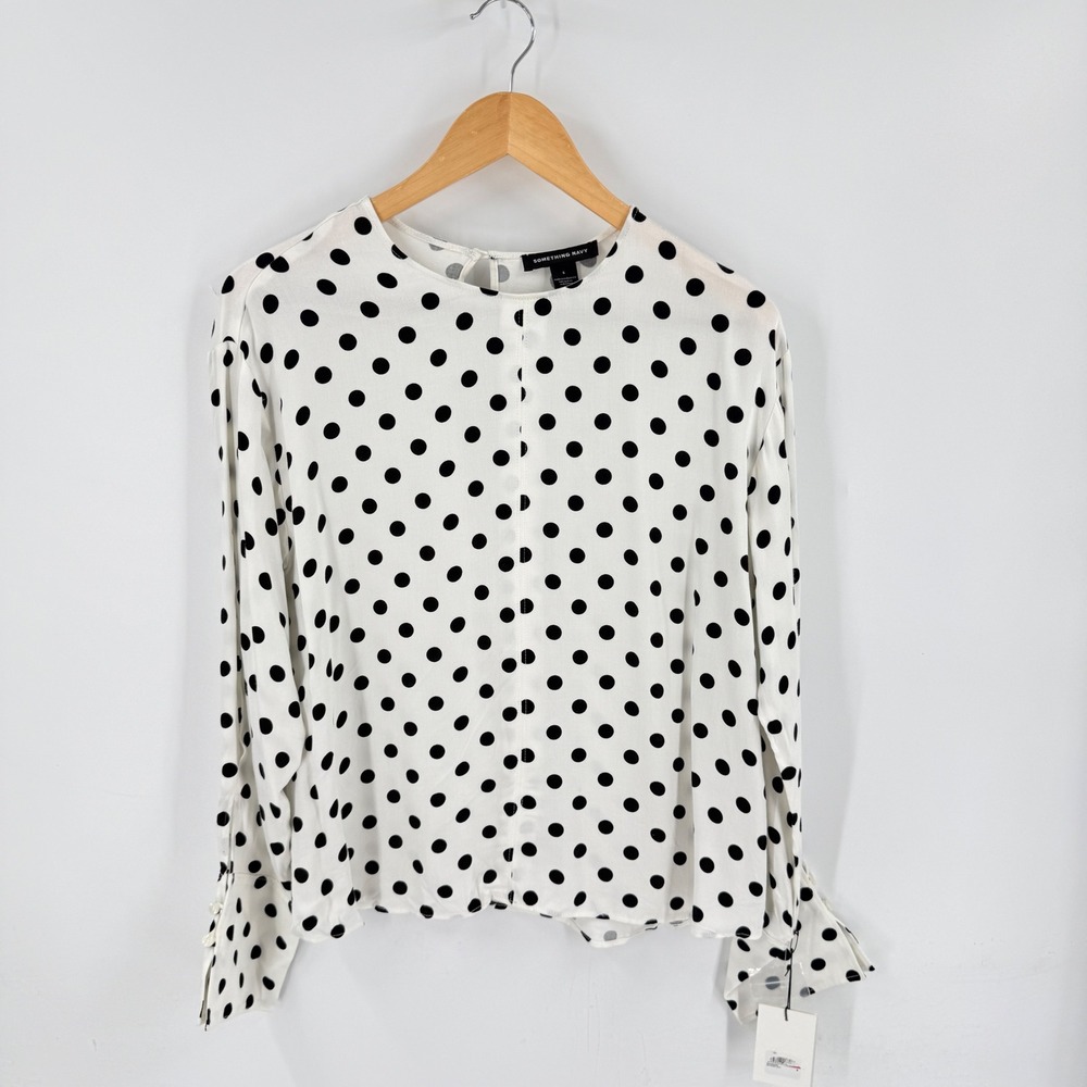 Something Navy Polka Dot Blouse White S Polka Dot Long Sleeve Keyhole Back